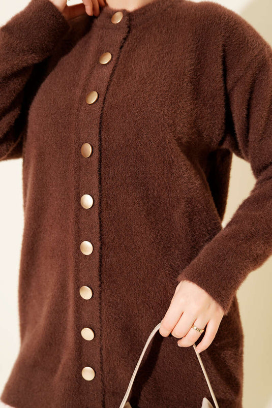 Basic Textured Knit Cardigan with Gold Buttons, Brown