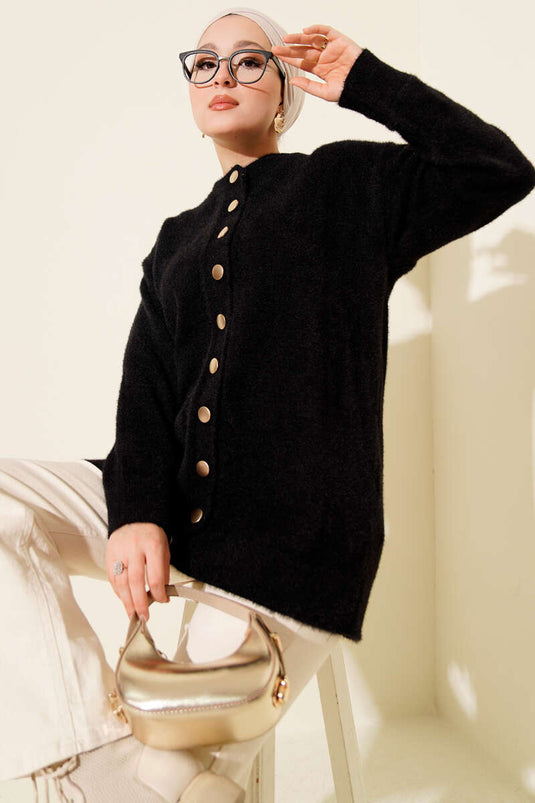 كارديجان أسود أساسي محبوك بنقشة بارزة وأزرار ذهبية