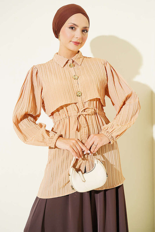 Chemise Camel À Boutons Avec Ceinture
