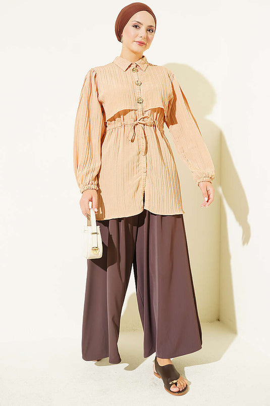 Chemise Camel À Boutons Avec Ceinture