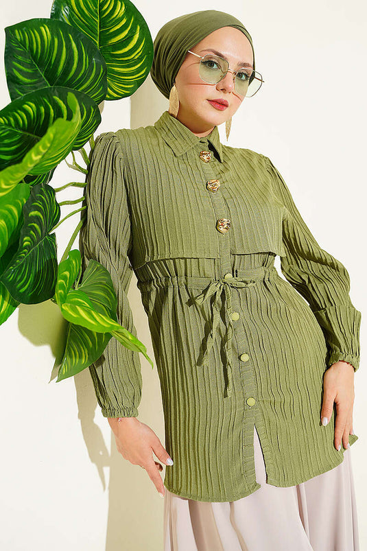 Camisa Túnica Dorada Con Botones Y Cinturón Kaki
