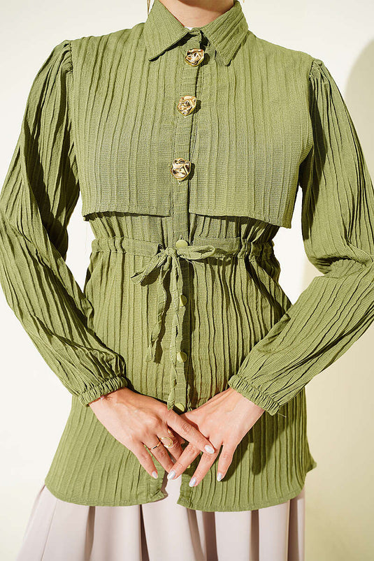 Camisa Túnica Dorada Con Botones Y Cinturón Kaki