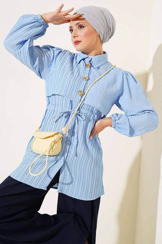 Gold Buttoned Waist Tucked Shirt In Blue