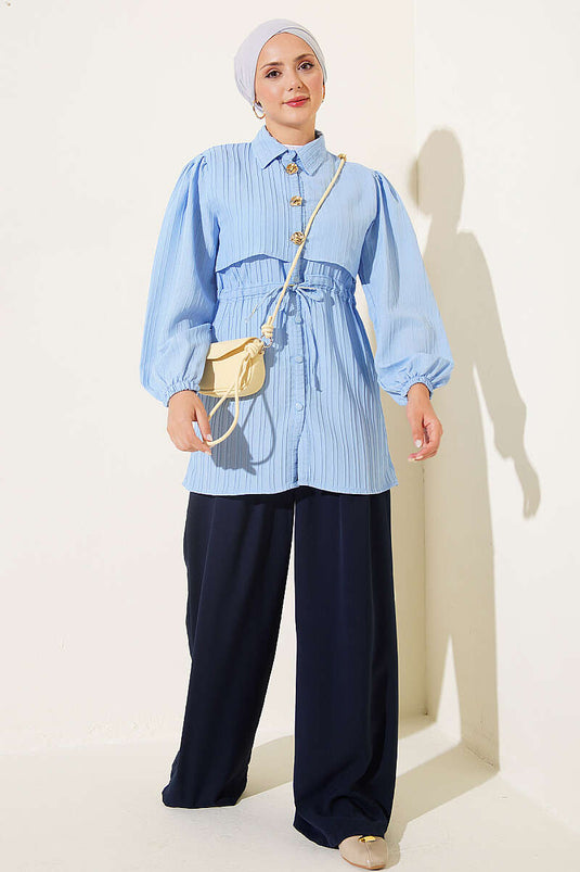 Gold Buttoned Waist Tucked Shirt In Blue