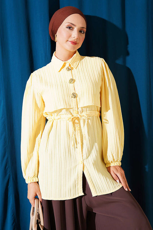 Chemise Jaune À Boutons Avec Taille Plissée