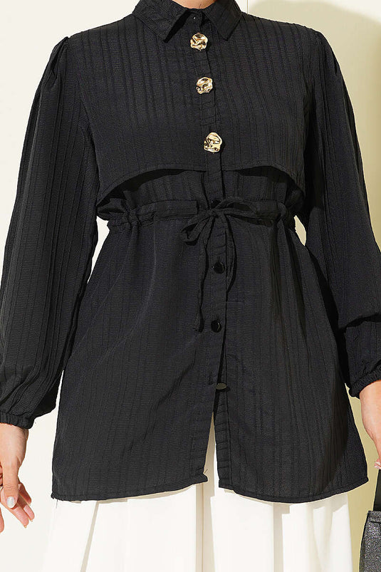 Camisa Negra Con Botones Dorados Y Cintura Tuck