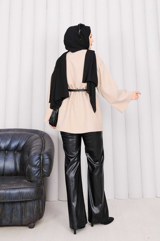 Gold Buttoned Pleated Waist Cashmere Cape Beige