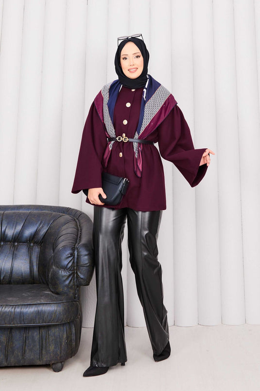 كيب كشمير بورجوندي بأزرار ذهبية وخصر مطوي