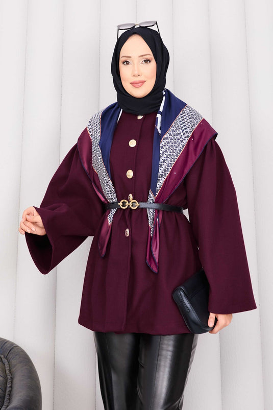 كيب كشمير بورجوندي بأزرار ذهبية وخصر مطوي