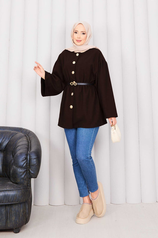 معطف كشمير بني اللون بأزرار ذهبية عند الخصر