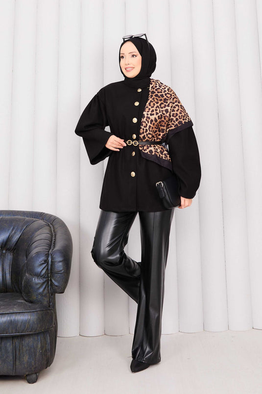 Gold Buttoned Waist Pleated Cashmere Cape Black