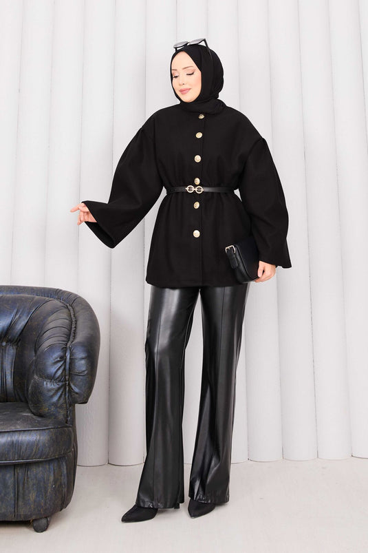 Gold Buttoned Waist Pleated Cashmere Cape Black