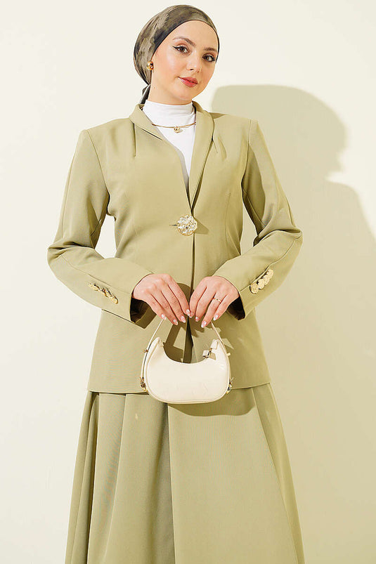 Ensemble jupe et blazer à boutons dorés, vert avocat