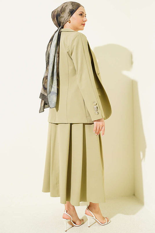 Ensemble jupe et blazer à boutons dorés, vert avocat
