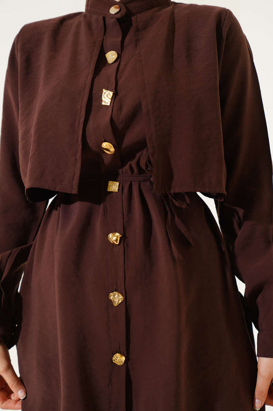 Ensemble deux pièces en Tencel avec boutons dorés et boléro, marron foncé