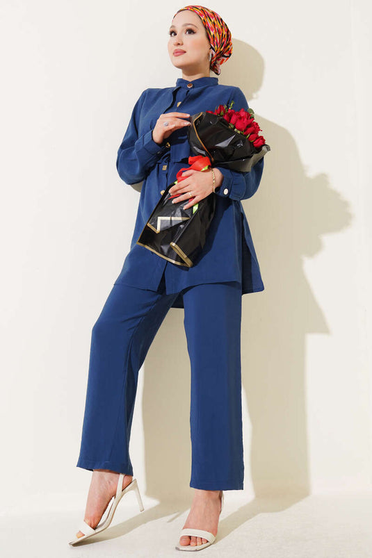 Gold Düğmeli Bolerolu Tencel İkili Takım İndigo