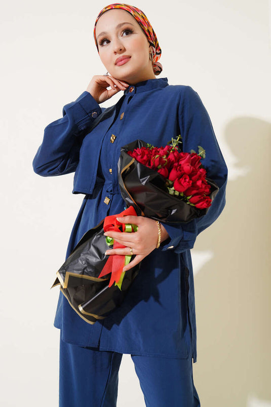 Gold Düğmeli Bolerolu Tencel İkili Takım İndigo