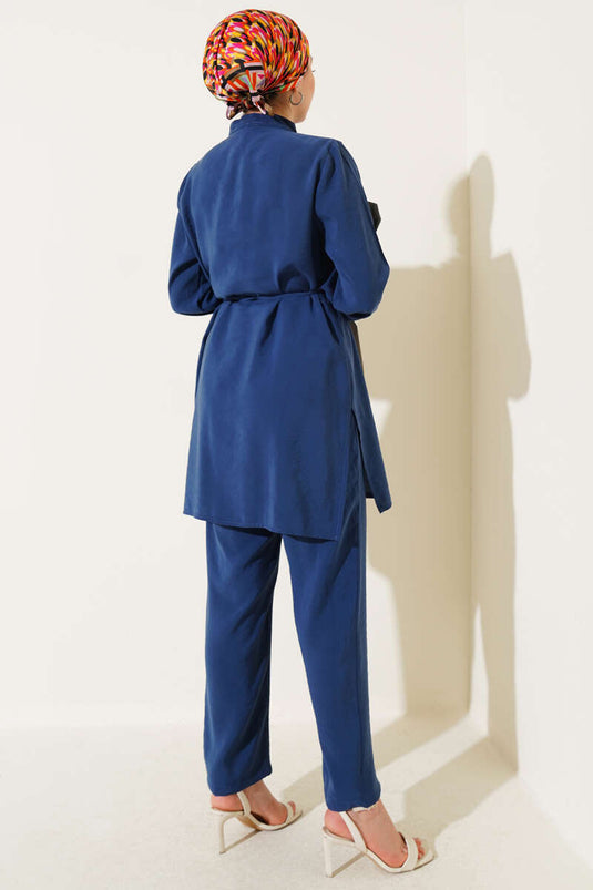 Gold Düğmeli Bolerolu Tencel İkili Takım İndigo