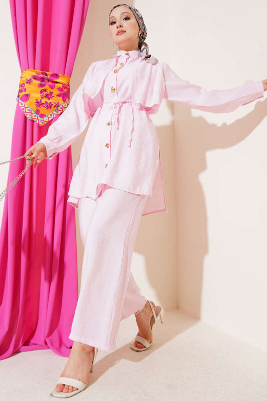 Ensemble deux pièces en Tencel avec boutons dorés et boléro, rose