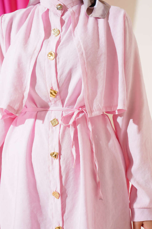 Ensemble deux pièces en Tencel avec boutons dorés et boléro, rose