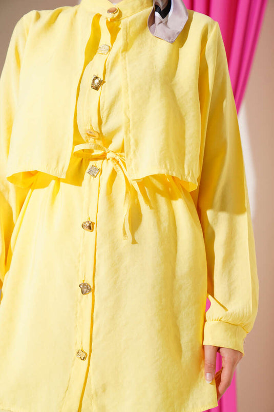 Gold Düğmeli Bolerolu Tencel İkili Takım Sarı