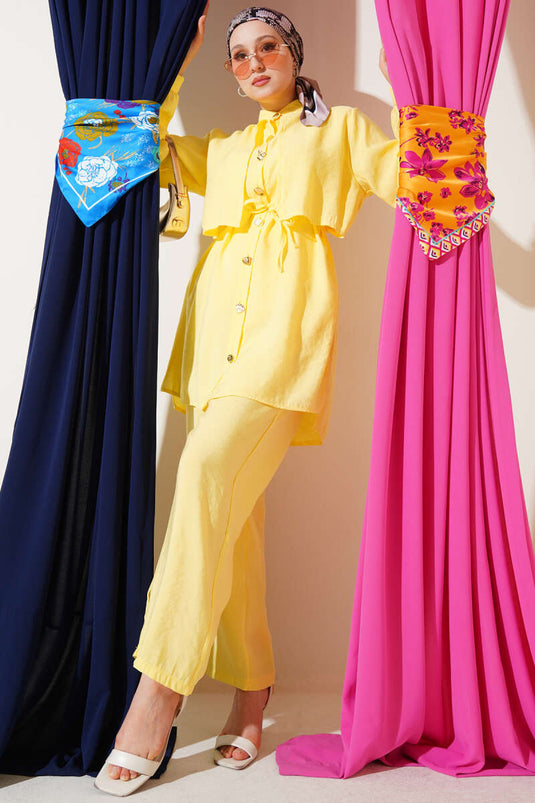 Gold Düğmeli Bolerolu Tencel İkili Takım Sarı