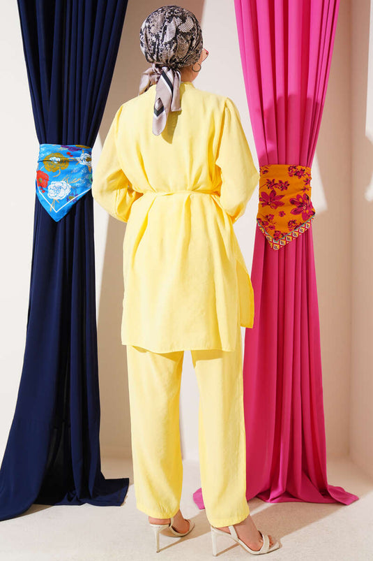 Gold Düğmeli Bolerolu Tencel İkili Takım Sarı