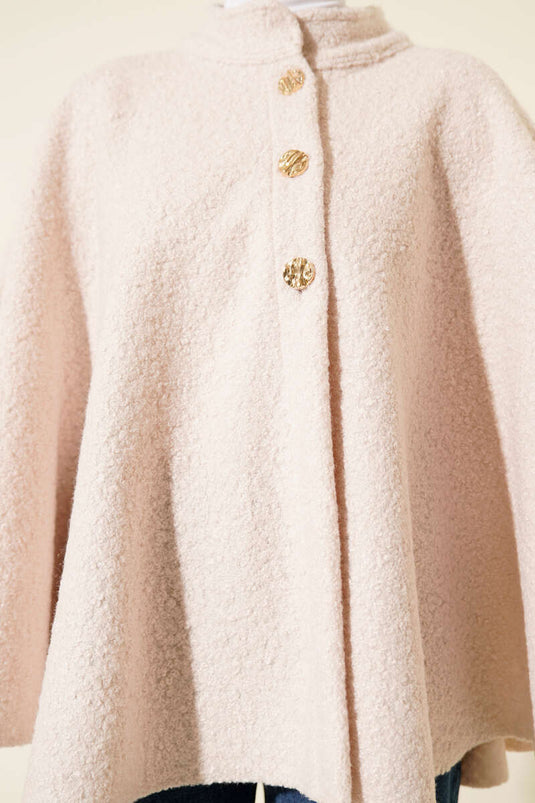 Gold Düğmeli Buklet Panço Bej