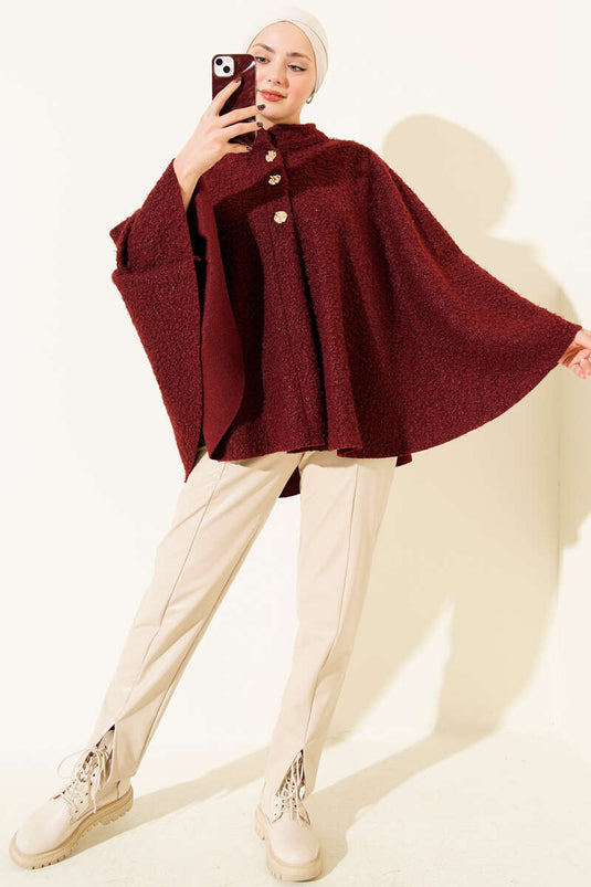 Gold Düğmeli Buklet Panço Bordo