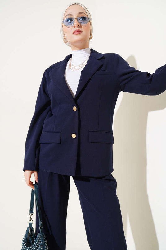 Costume Double Veste Boutonnée Dorée Bleu Marine