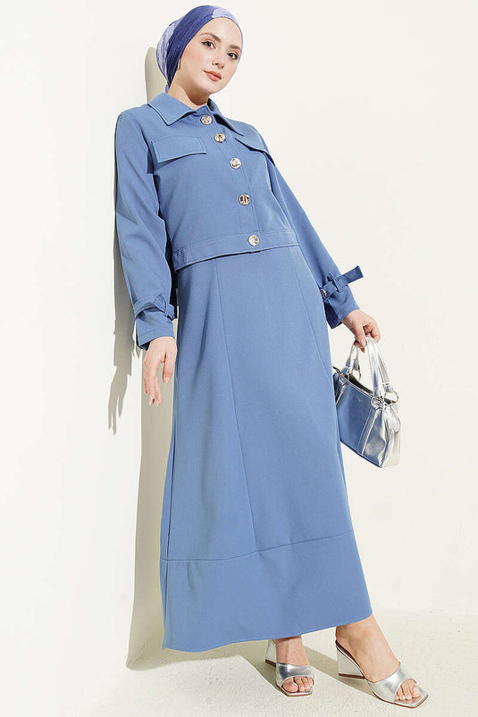 Ensemble robe salopette avec veste à boutons dorés Indigo