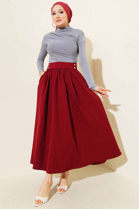 Double Skirt with Gold Buttons and Pockets, Burgundy