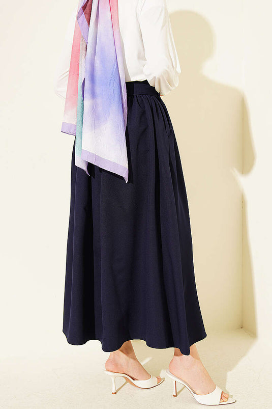 Double Skirt with Gold Buttons and Pockets Navy Blue