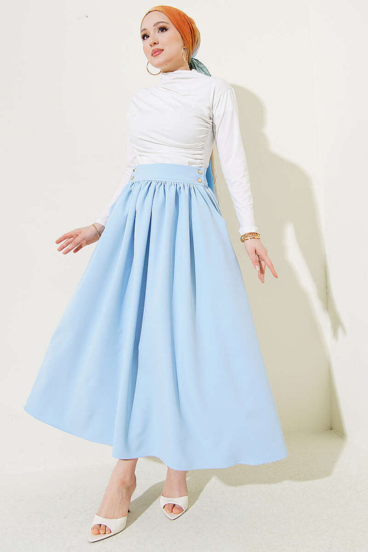 Blue Double Skirt with Gold Buttons and Pockets
