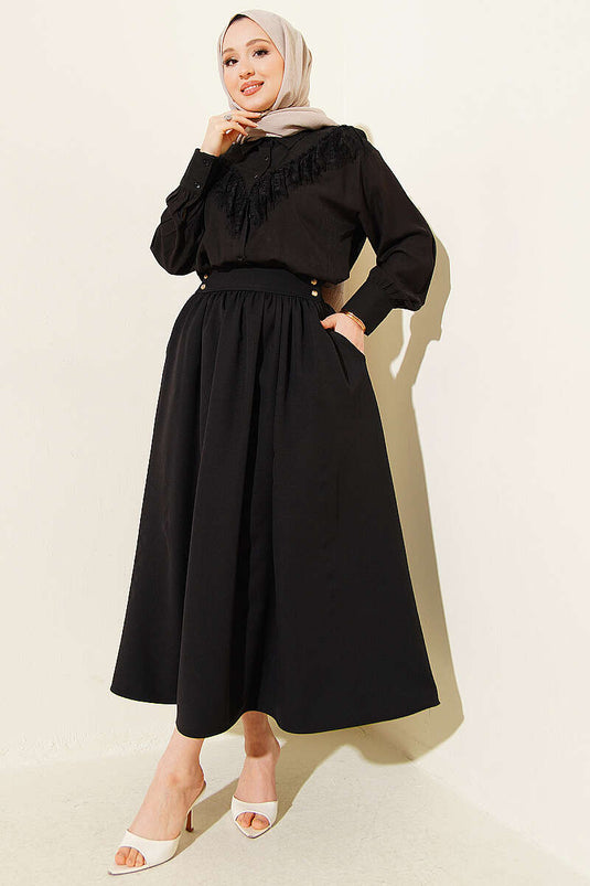 Black Double Skirt with Gold Buttons and Pockets