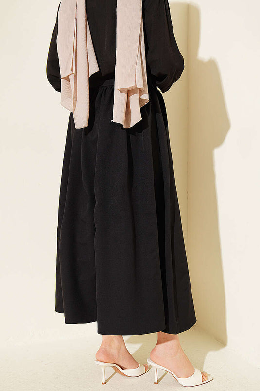 Black Double Skirt with Gold Buttons and Pockets