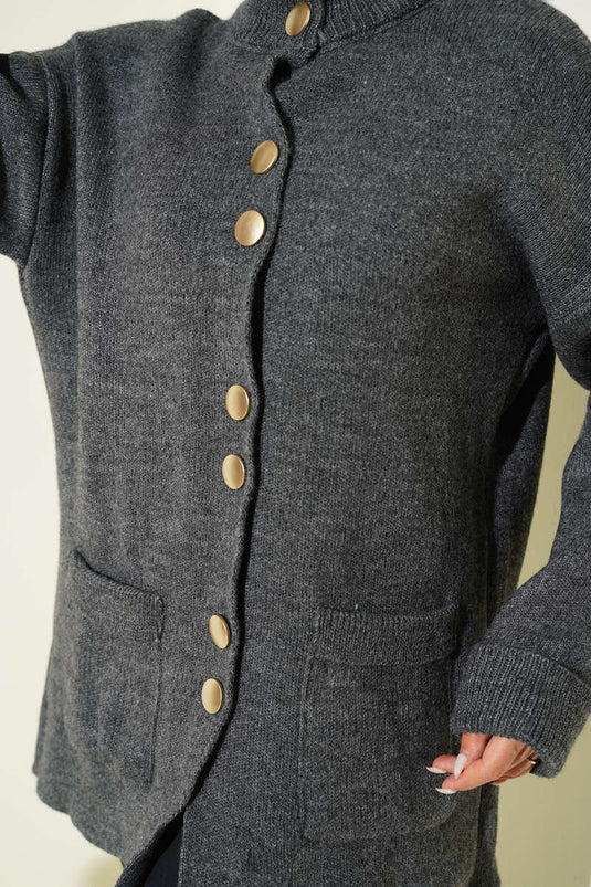 Gilet En Maille À Boutons Dorés Et Poches, Gris Fumé