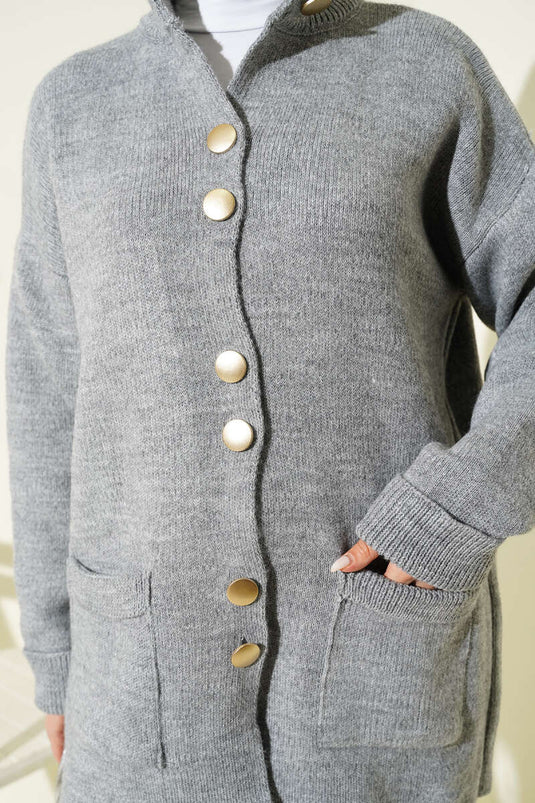 Gilet En Maille À Boutons Dorés Et Poches Gris