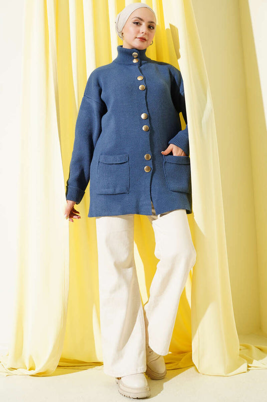 Cardigan In Maglia Indaco Con Bottoni Dorati E Tasche