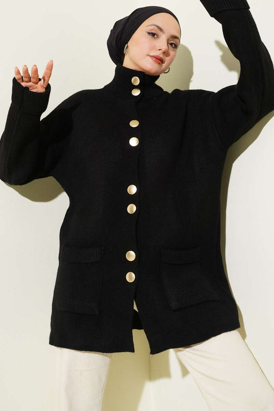Cardigan In Maglia Con Bottoni Dorati E Tasche Nere