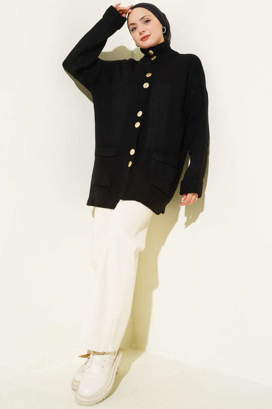 Cardigan In Maglia Con Bottoni Dorati E Tasche Nere