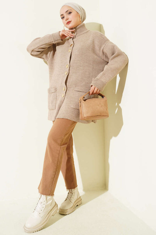 Cardigan In Maglia Con Bottoni Dorati E Tasche Color Mink