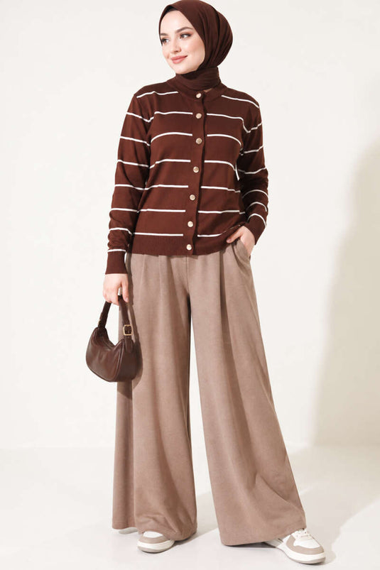 Gold Buttoned Striped Mercerized Cardigan Chestnut