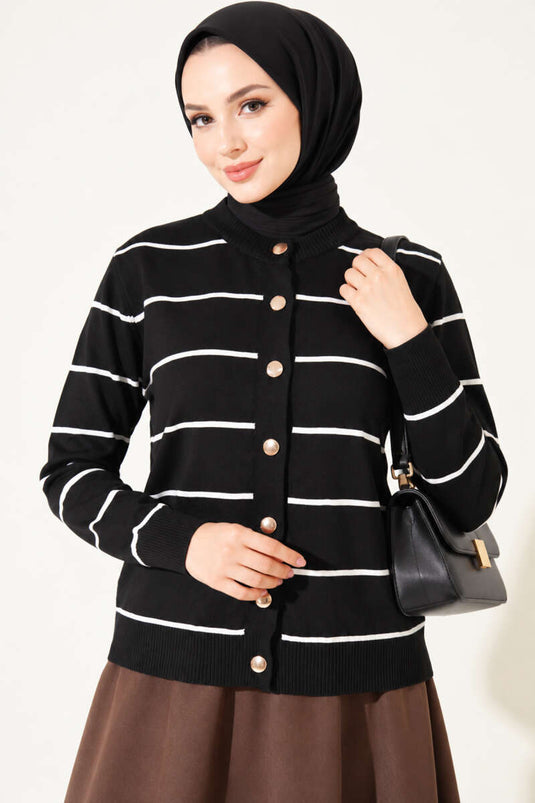 Schwarzer Mercerized Strickjacke Mit Goldknöpfen
