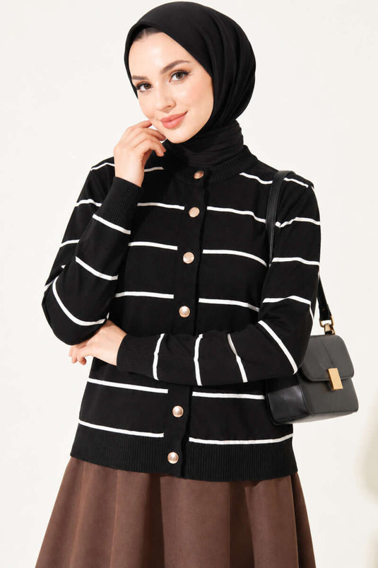 Schwarzer Mercerized Strickjacke Mit Goldknöpfen