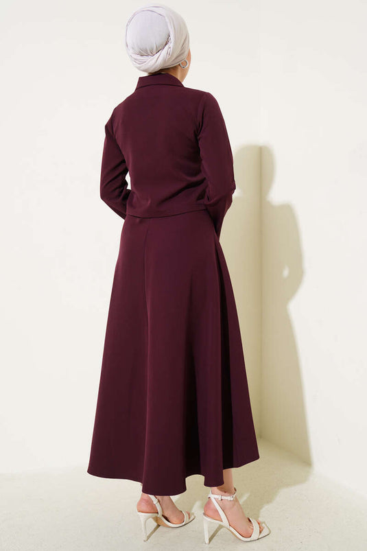 Gold Buttoned Skirted Two Piece Suit Plum