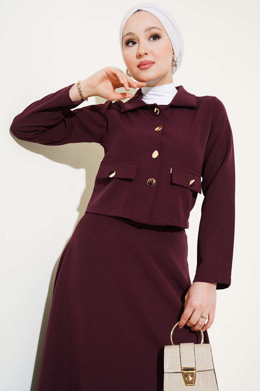 Gold Buttoned Skirted Two Piece Suit Plum