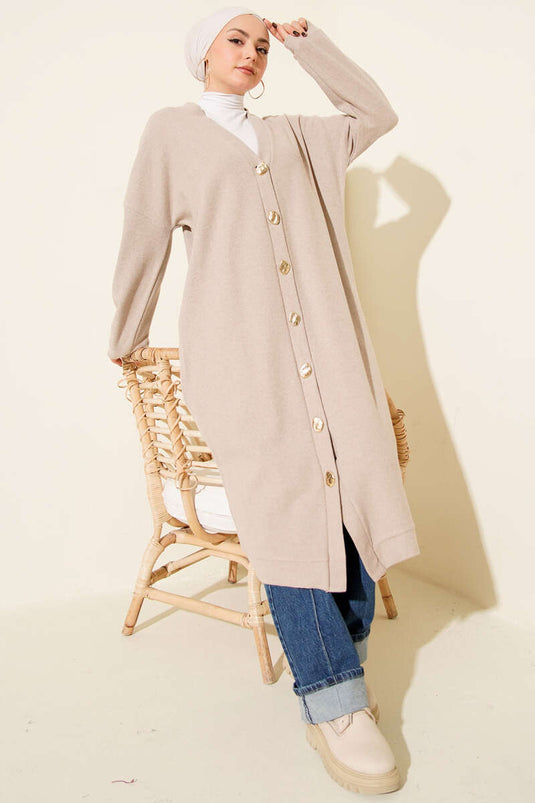 Gold Düğmeli Fitilli Kaşe Hırka Bej