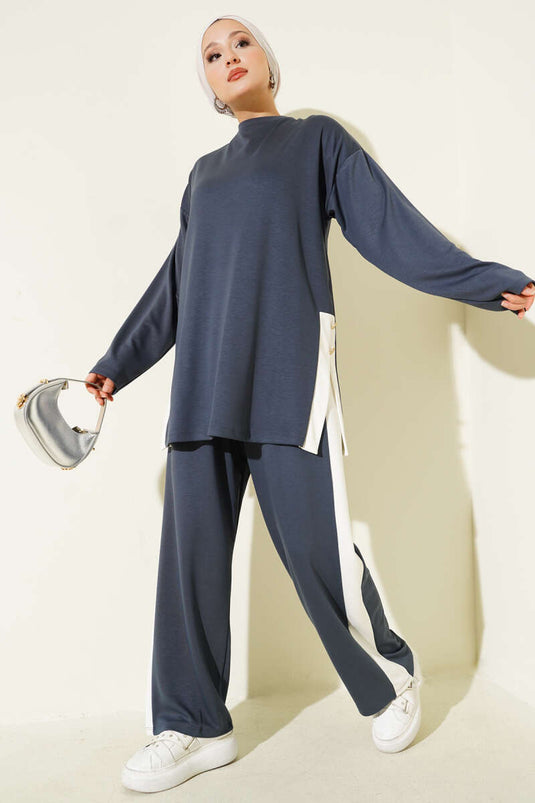 Gold Düğmeli Garnili Loyşa İkili Takım Füme