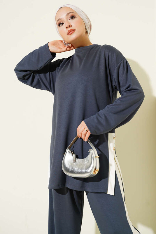 Gold Düğmeli Garnili Loyşa İkili Takım Füme